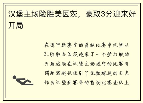 汉堡主场险胜美因茨，豪取3分迎来好开局